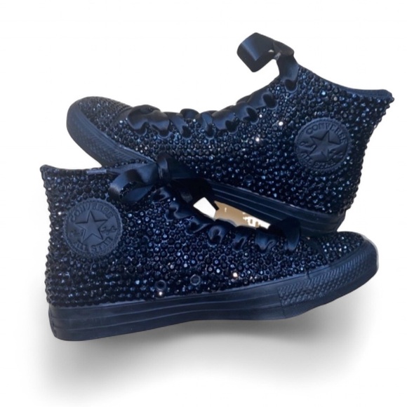 Jet Black Crystal High Top Converse Sizes 5-14 New In Box With Ribbon Laces - Picture 3 of 14